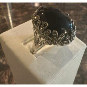 Sterling Marcasite Onyx Ladies Ring Size  12
